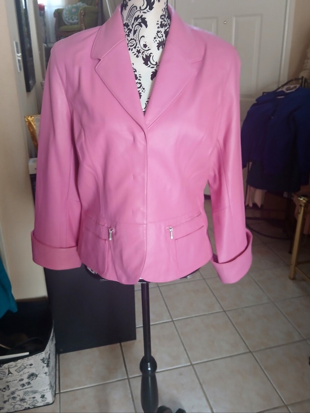 Women's Pink Leather Blazer Jacket